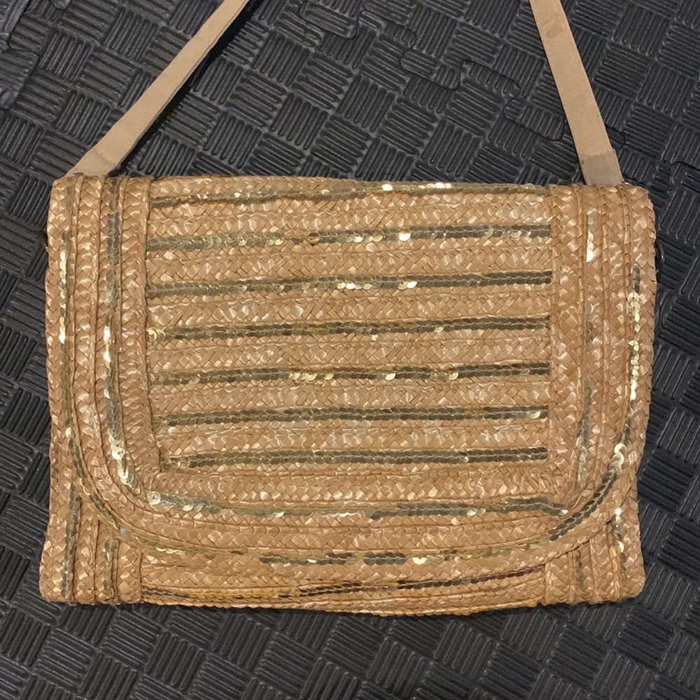 Limited edition straw gold sequin clutch crossbody bag